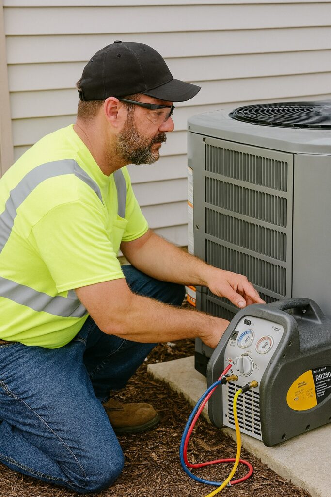 VIVOHOME VH471-GY shows analog pressure gauges monitoring recovery operation